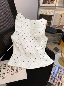 Women's Elegant Casual Black & White Polka Dot Bow Decor Button Front Camisole Tank Top, Summer All-Match Versatile Design