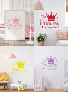 1pc Crown Wall Decals Princess Sleep Here Wall Stickers Little Crown Star Art Quotes Wall Decal Removable DIY Mural Art Words With Flower Quotes Vinyl Decal For Home Decorations, For Girls Bedroom Living Room Nursery Home Background Decoration, Rama Decoration Stickers Gifts Birthday Graduation