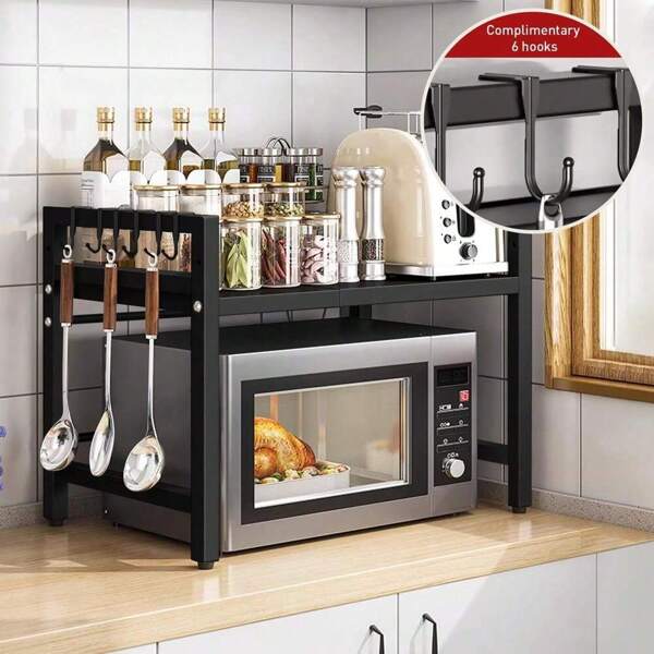 Adjustable 2-Tier Microwave Oven Rack Stand, Kitchen Storage Organizer Shelf For Utensils, Condiments And Appliances