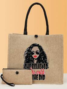 2 件套女士简约印花大容量手提包带零钱包，适合送给朋友和家人的礼物 - 卡其色 - 查看 1