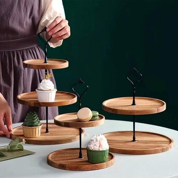 1 pièce Support d'affichage de bijoux en bois à double/triple niveaux, plateau à étages en métal noir pour dessert/cupcake, multi-tailles