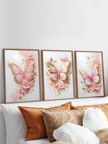 3Pcs/Set, Optional Frame, High Quality Print Painting, Modern Style, Butterfly, Pink, Gold, Flowers, Three-Dimensional Craft, Sweet Style, Home Decoration, Decorative Painting, Suitable For Living Room, Sofa, Bed, Hallway, Bedroom, Bathroom, Office, Perfect Art Gift