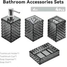 4 pezzi Set di accessori da bagno eleganti blu geometrici - Comprende dispenser per sapone, porta spazzolino, bicchiere per spazzolino, bottiglia per lozione e scatola colorata - Perfetto come regalo di inaugurazione della casa, set di decorazione per il bagno | Decorazione bagno moderna | Organizer da bagno con finitura lucida in scatola regalo