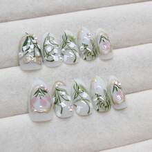 24Pcs Green Flower Press On Nails Medium Almond Nails With 3D Pearl Rhinestones Design Glossy Gold French Tip Acrylic False Nails - 3D-8 - 查看 3