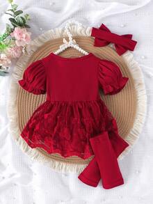 1件婴儿/女婴可爱蕾丝网纱花朵荷叶边连体衣，轻薄夏季款