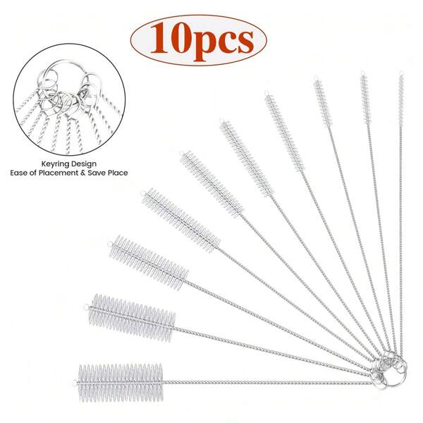 Set de 10 cepillos de limpieza multifuncionales, sets de cepillos limpiadores de pajitas, cepillo limpiador de pajitas metálicas, cepillo largo para pajitas, cepillo pequeño para botellas, cepillo de acero inoxidable para pajitas, limpiador de tuberías, usado para limpiar pajitas reutilizables, botellas de agua, pajitas de boba, tuberías, tubos, artículos de cocina, utensilios de cocina, accesorios de cocina