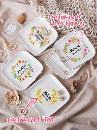 1pc Personalized Floral Ceramic Jewelry Tray, Customized With Your Name And Date, Rings, Earrings, Necklaces, Bracelets, Watches, Key Decoration Small Dish, Birthday, Mother's Day, Christmas Gift For Women, Ring Dish, Trinket Dish, Engagement Gift, Anniversary Gift For Couples.