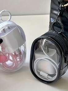 1pc Transparent Mini Cable Organizer Box With Key Chain, Portable Silicone Storage Box For Chargers And Cables, Ideal For Travel And Daily Use - Black/White, Cable Travel Storage | Minimalist Storage | Key Ring Function, Cable Holder For Summer Holiday Travel, Outdoor Activities Travel Essentials - Multicolor - View 2