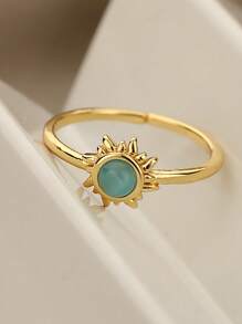 1pc Stylish Gold Stainless Steel Sun & Blue Cat Eye Stone Open Ring For Women Party Jewelry Gift