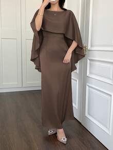 Elegant Arabic Style Dress With Captivating Cape-Like Shawl And Concealed Zipper Details, Ideal For New Year's Eve