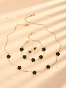 Juego de 4 piezas de nuevos pendientes, pulsera y collar con forma de flor de 5 pétalos de acero inoxidable y perlas imitación para San Valentín, mamá, madre, Día de la Madre, regalo