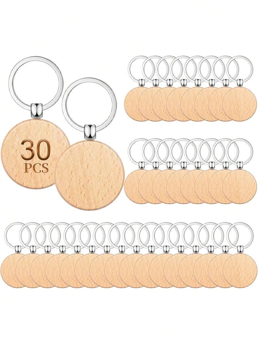 30 chiếc móc khóa hình đĩa tròn bằng gỗ, quà tặng nhỏ sáng tạo & đồ thủ công, phụ kiện xe hơi cho trường học dễ thương theo phong cách Goth Y2k - Màu gỗ - Xem 1