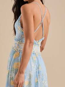 Women Floral Spaghetti Strap Maxi Dress Sleeveless Tiered Ruffle Long Flowy Dresses Backless Holiday Beach Sundress - Màu xanh lam - Xem 4