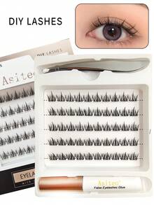 Asiteo 睫毛串、膠水和鑷子套裝，50串輕柔自然簇狀睫毛，家用假睫毛，女性DIY睫毛擴展工具套件