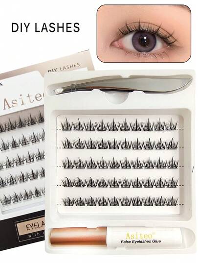 Asiteo 睫毛串、膠水和鑷子套裝，50串輕柔自然簇狀睫毛，家用假睫毛，女性DIY睫毛擴展工具套件