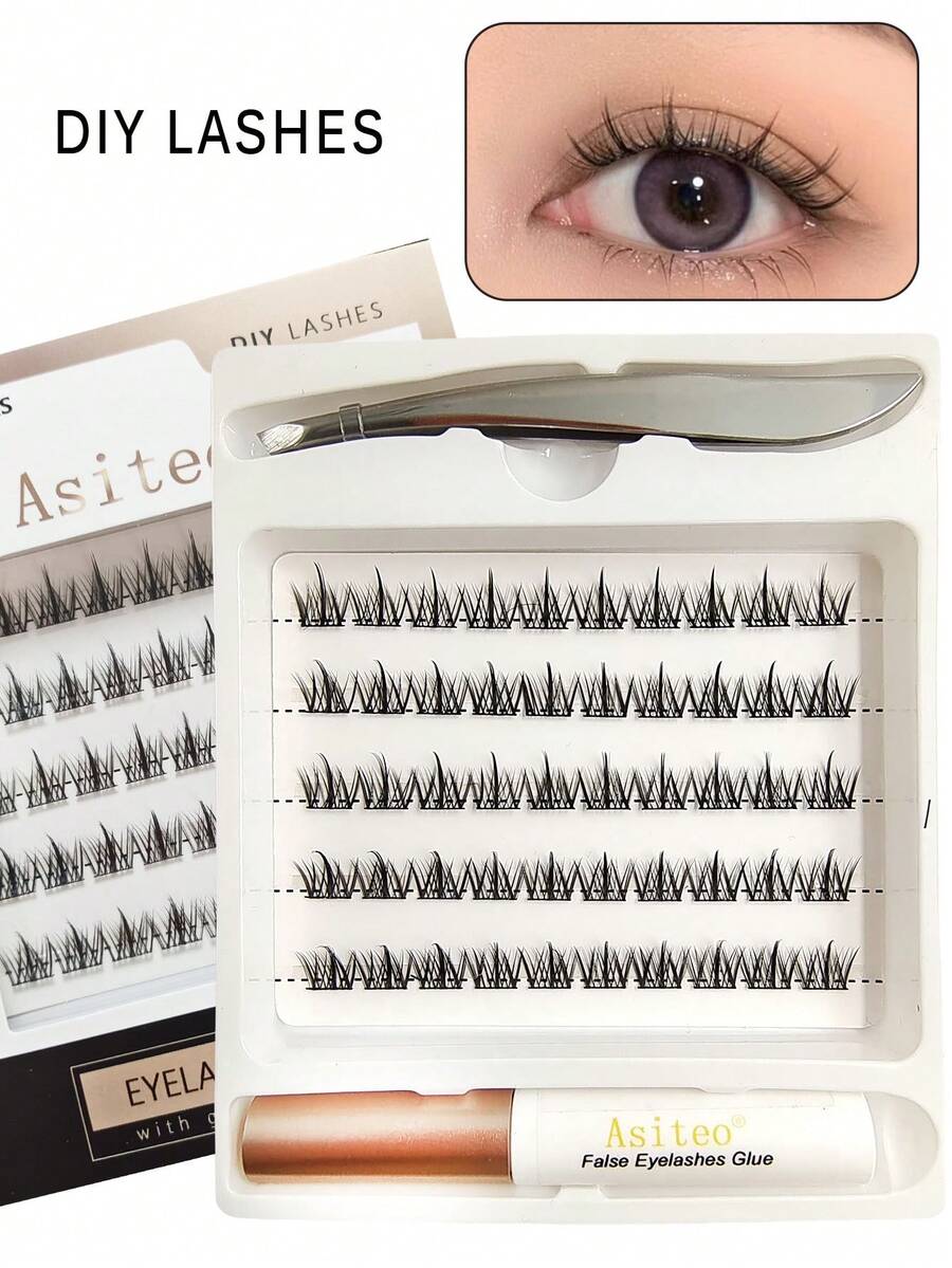 Asiteo 睫毛串、膠水和鑷子套裝，50串輕柔自然簇狀睫毛，家用假睫毛，女性DIY睫毛擴展工具套件