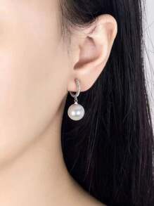 1 Pair Luxury Pearl Inlaid Copper Pendant Earrings, Elegant Vintage Style Gift For Women