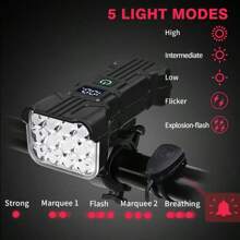 Luz Frontal de Bicicleta com 12 LEDs, Material ABS de Alta Luminosidade, Lanterna para Uso Externo, Alto-Falante Embutido e Visor Digital, 5 Modos de Iluminação, Suporte Rotativo 360°, Luz de Bicicleta Segura para Uso Noturno