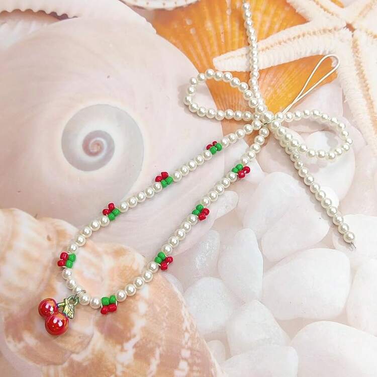 Phone Charms Cute Cherry Cell Phone Lanyard Strap Wrist Strap Bag Camera Pendants Decor - 珍珠櫻桃 - 查看 2