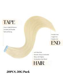 Jessie's Selection 20pcs/Pack 50g Tape In Hair Extensions Skin Weft Remy Silky Straight Seamless Invisible Tape Adhensive Human Hair Extensions For Volume Add Length Luxury Quality Affordable Cost Salon Quality, Perfect For Graduation, Anniversary, And Holiday Hairstyles, Holds Up Well (#60 Platinum Blonde) - S60 - 查看 4
