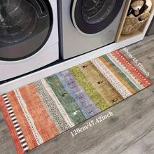 1 pieza Alfombra suave de cocina, Felpudo lavable antideslizante, Alfombra camino, Felpudo, Juego de alfombrillas de baño, sala de estar, lavandería, Alfombra de área, Decorativa apta para cocina, sala de estar, entrada, balcón, decoración del hogar, anti-suciedad, cafetería, bar, fiesta, regalo festivo, Alfombra de piso de dormitorio, Alfombra de baño, Decoración de habitación, Decoración de cocina, Diseño de reno en marco azul y blanco a rayas de fondo colorido