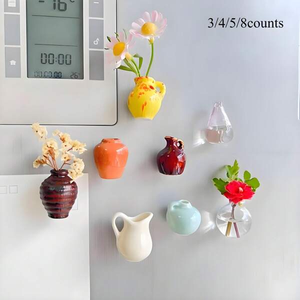 1/3/4/5/8 piezas Mini vasijas de flores de cerámica/vidrio con imanes para refrigerador, decoraciones para refrigerador, decoración con imanes para refrigerador, decorativo, puede contener agua para flores, algunos pedidos pueden incluir pequeños obsequios