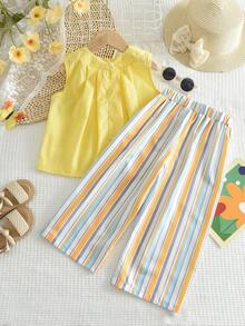 2件套女童休闲条纹背心和长裤套装，夏季 - 黃色 - 查看 2