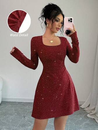 abyoxi Red Color Square Neck Long Sleeve Slim Fit Waist Detail A-Line Mini Party Dress With Flash Fabric,Dating,Romantic,Simple,Hot Girl,Fashionable,Valentine's Day,Back To School,Fall/Winter Clothes For Women