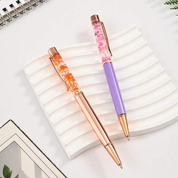 2/4pcs Crystal Rose Gold Metallic Ballpoint Pens With Eternal Flower, Rotating, Office Supplies & Gifts For Women Back To School