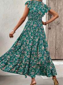 Plus Size Women's Floral Print V-Neck Dress, Elegant Vacation Style With Ruffle Sleeves, A-Line Dress For Spring And Summer - Green - View 2