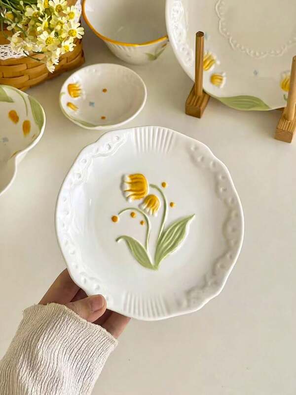 1 pieza Plato de cerámica con diseño de flor en relieve, estilo Ins, cuenco de arroz para el hogar, plato de pan para el desayuno, plato de especias, plato occidental para bistec y pasta, plato de ensalada de frutas, tazón de postre de helado