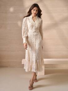 Elegant Stand Collar Button Decor Lantern Sleeve A-Line Dress