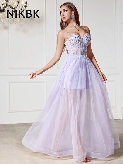 NIKBK Elegante y lujoso vestido de novia de encaje hecho a mano con perlas, cristales y corazón en el escote, vestido de bola, vestido de noche, vestido de cena formal, vestido para invitados de boda