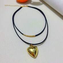 1pc Elegant Minimalist Black Rope Double-Layer Geometric Heart Pendant Necklace