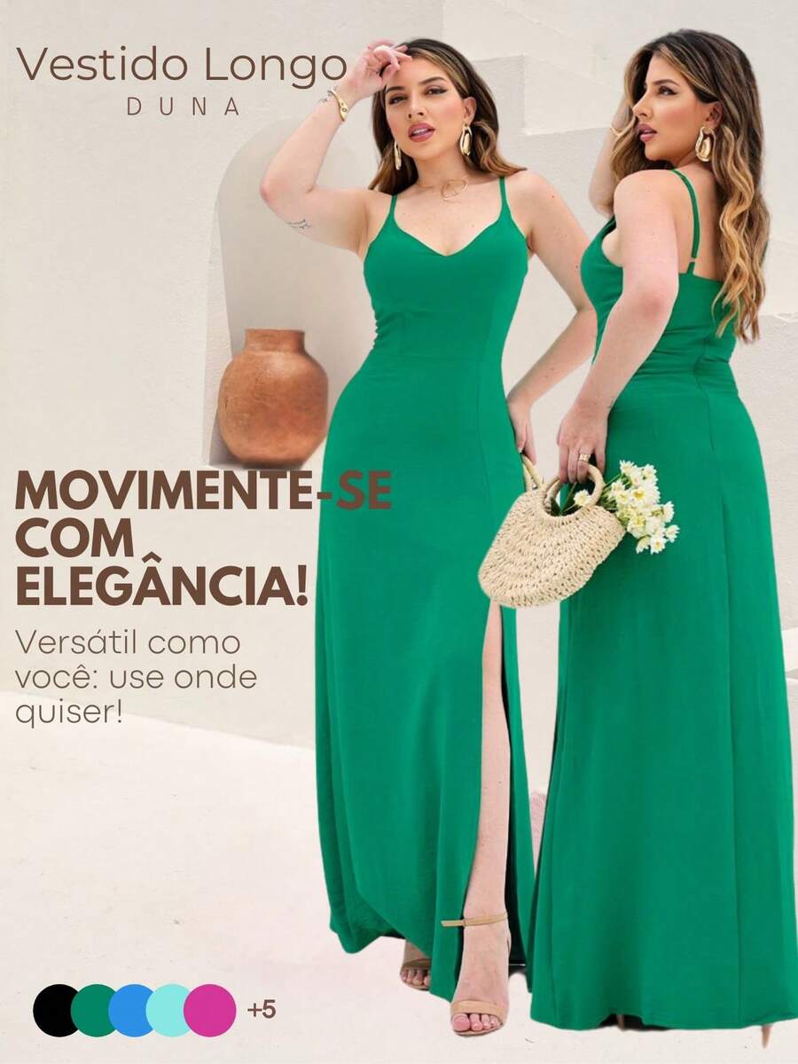 Long Plain Dress With Slit And Adjustable Straps For Wedding Party Bridesmaid Guest - 綠色 - 查看 1