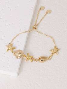 1pc Bohemian Ocean Shell, Starfish Decor Adjustable Bracelet, Women Beach Resort Party Accessory - Yellow Gold - View 3