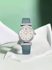 Versace Relógio de pulso feminino clássico de quartzo com pulseira de couro azul, caixa e mostrador de aço inoxidável prateado, relógio de presente feminino, VE6J01024