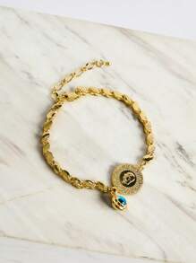 Golden Chain With Coin Decoration & Blue Crystal Charm Beaded Wristband Bracelet Unisex