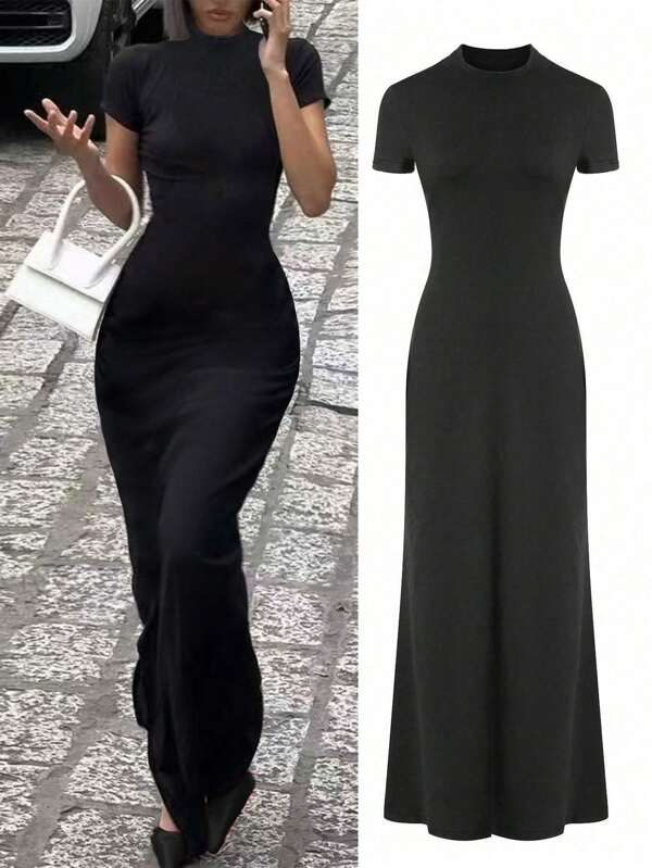Women's Old Money Style Elegant 2025 New Spring/Summer New Stylish Short Sleeve Black Maxi Dress Casual Fashion Slim Fit Dress Flared Cuffs Mermaid, The Same Style As The Internet Celebrities And Bloggers Concert Women Outfit,All-Match Bottoming Dress,Back To School Clothes,Fall Clothes ,Teacher Outfits For Women