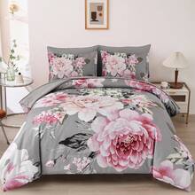 7 Pieces Bed In A Bag Queen King Comforter Set Grey Floral Bedding Sets Elegant Flower Bed Set Lightweight Comforter For All Season With Flat Sheet, Fitted Sheets,For Wedding Items,Valentines Day Home Bed Room Decor,Easter Gifts - 灰色 - 查看 13