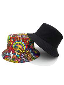 Casual Summer "Peace Love" Print Vacation Bucket Hat, Unisex Boho Style Reversible Sun Protection Bucket Hat
