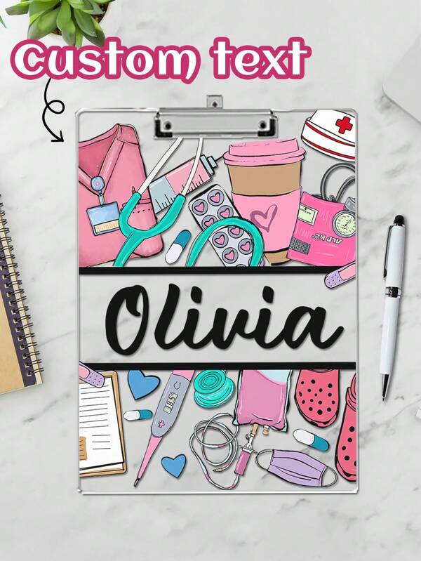 1 pieza de Pinza personalizada portátil personalizada, Tablero de escritura de enfermera, Nombre personalizable, Pinza con patrón de tema médico, Diseño de elemento médico rosa, Patrón de estetoscopio, jeringa, máscara, Adecuada para enfermeras y médicos, Artículo de oficina exclusivo para personal médico, Regalo exclusivo para personal médico, Carpeta exclusiva para hospital y clínica