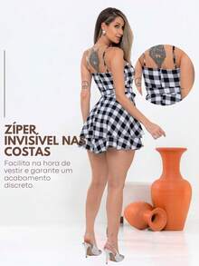 Plaid Jumpsuit Dress S To GG Women's June Party Look São João Fabric Duna Short Stylish Bow Waist Plaid Casual Cute Party Hem With Ruffle With Belt - 黑與白 - 查看 4