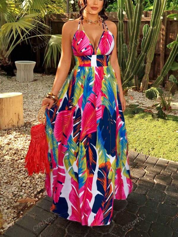 Plus Size Spaghetti Strap Printed Beach Split Dress