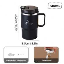 1pc 450/500ml 304 Stainless Steel Coffee Mug With Tea Strainer & Folding Spoon, Double Layer Thermal Insulated Coffee Cup With Handle, Leak-Proof Milk Tea Water Cup, Anti Scalding Drinking Cup Drinkware For Hot & Cold Water, Suitable For Adults & Students Use In Kitchen, School, Office, Dorm, Party, Picnic And Camping