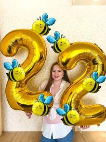 5pcs/Set Bee Balloon Set, 40-Inch Gold & Light Green Number Foil Balloons + Mini Cartoon Bee Balloons, Suitable For Birthday Party Decorations - Multicolor - View 7