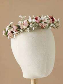 1 件女孩欧美风格人造面料玫瑰花冠，清新浪漫花卉头带，适合花童、伴娘、婚礼、舞台表演、旅行、海滩、礼物 - 粉色 - 查看 5