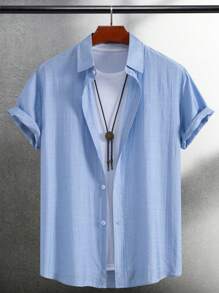 Camisa casual de manga corta con cuello alto y medio abotonado para hombre, para verano