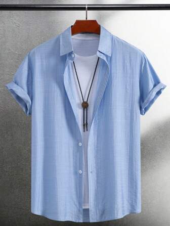 男士立领短袖休闲半扣衬衫，夏季