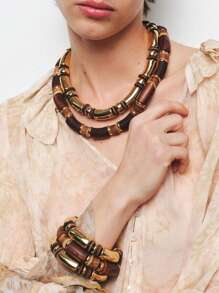 2pcs Bohemian Style Wooden Beaded Necklace Set, Vintage Geometric Pendant Choker Necklaces For Women, Suitable For Daily And Vacation Wear